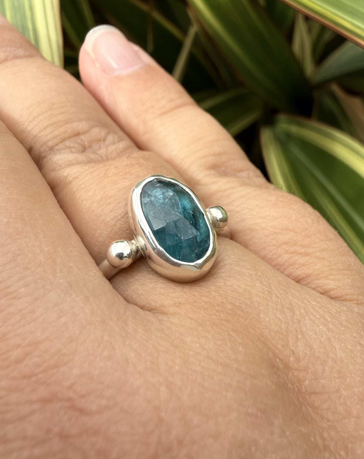 Silver Sea Green Kyanite Ring. Size R