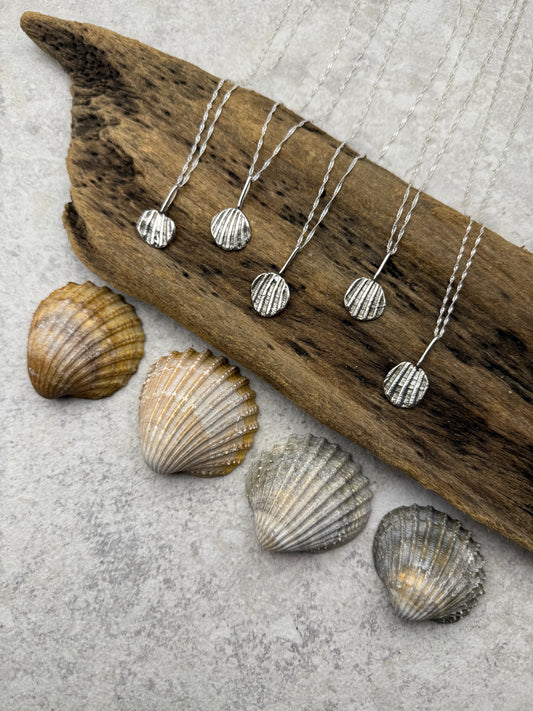 Silver shell necklaces on a wooden surface with seashells