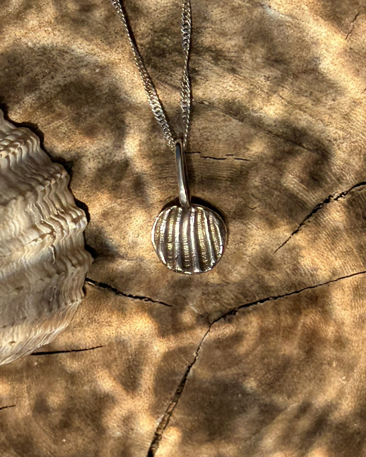 Silver necklace with a round pendant on a textured brown surface