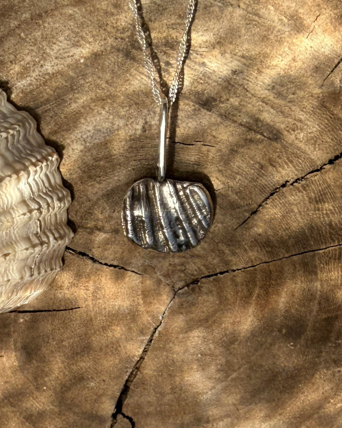 Silver pendant necklace on a wooden surface with a shell