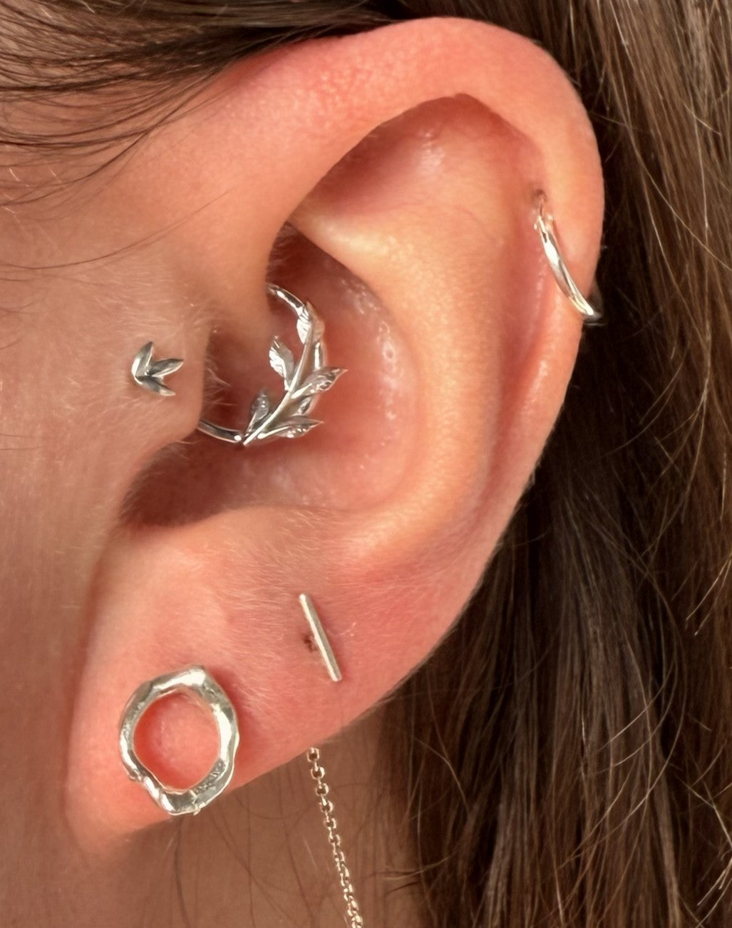 Close-up of an ear with multiple silver earrings