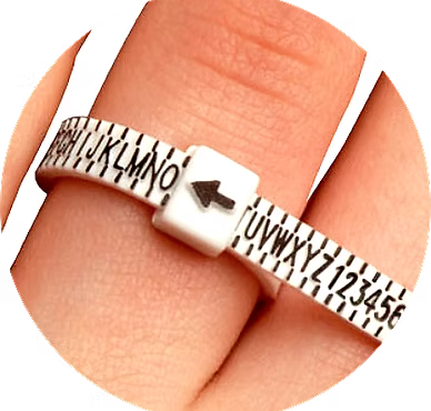 Ring sizer letter and number pattern on a finger against a white background