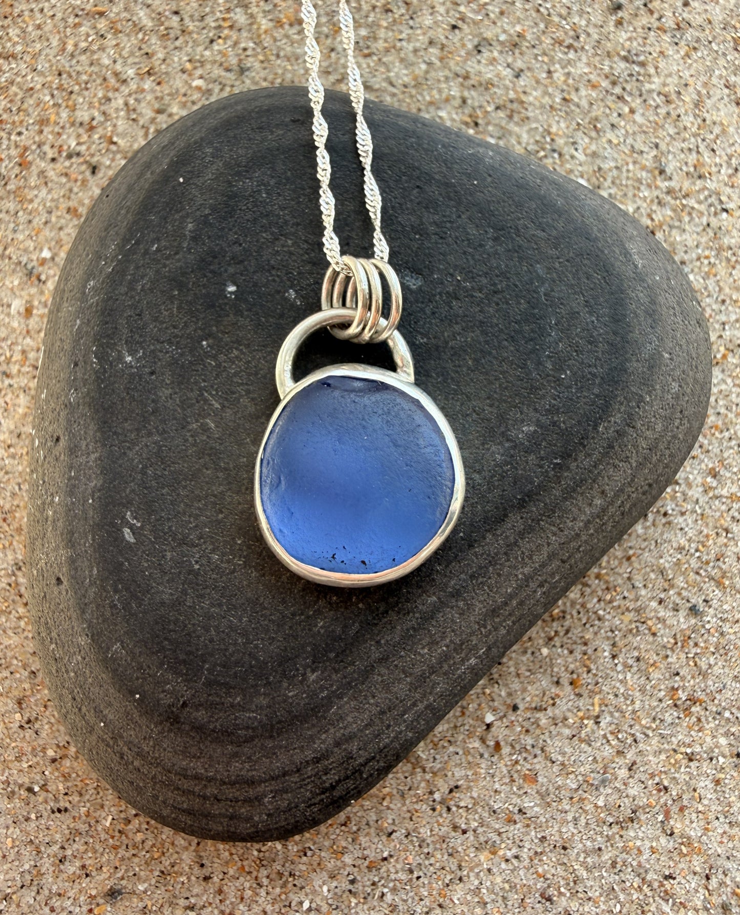 Ocean Blue Sea Glass Sterling Silver Pendant