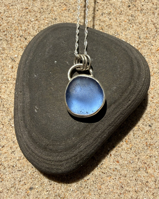 Ocean Blue Sea Glass Sterling Silver Pendant