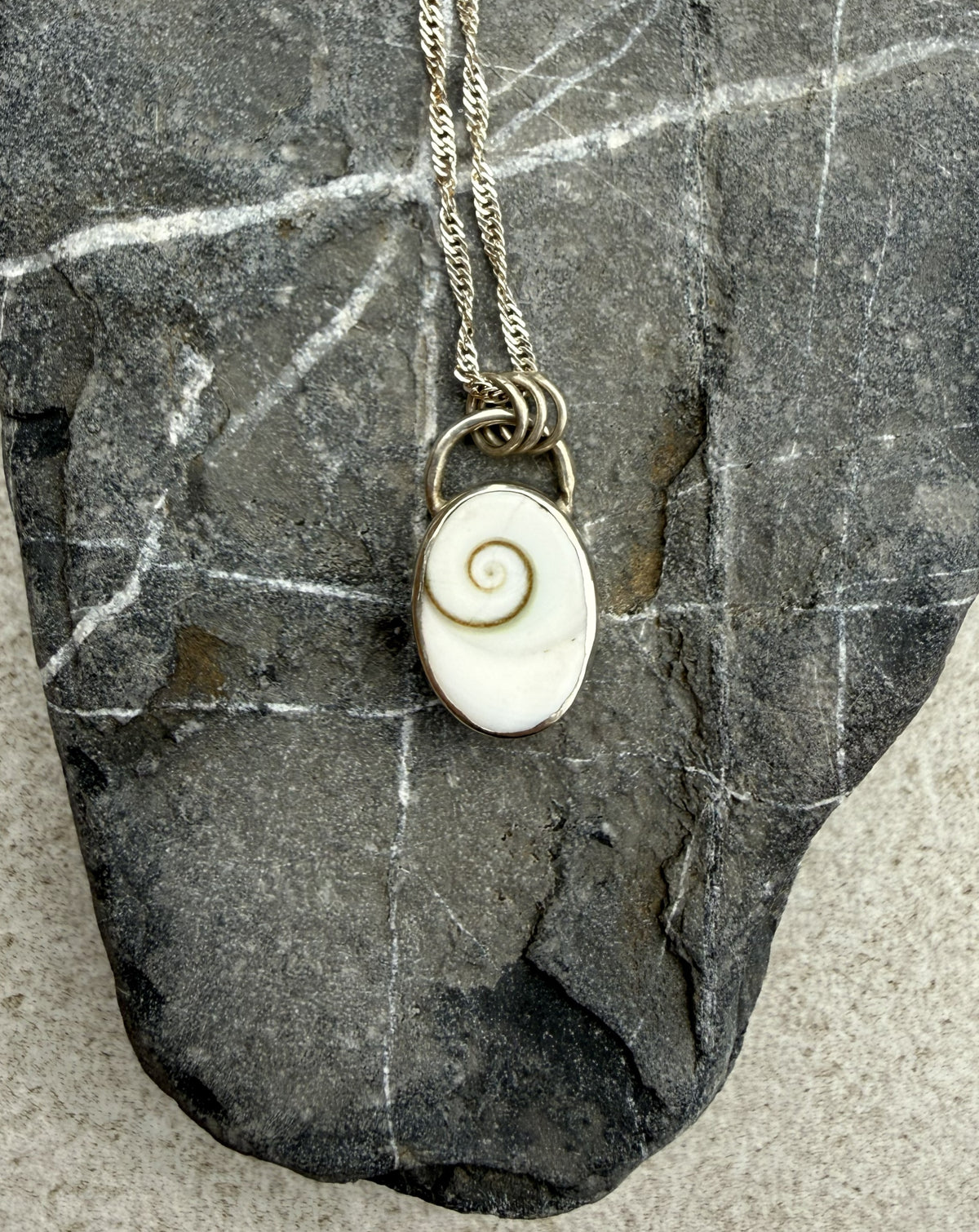 A silver chain necklace with an oval pendant featuring a white seashell spiral, displayed on a dark textured stone background.