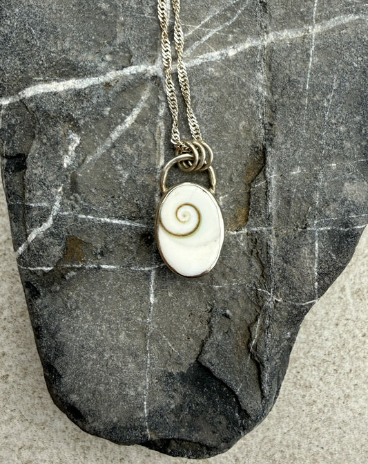 A silver chain necklace with an oval pendant featuring a white seashell spiral, displayed on a dark textured stone background.