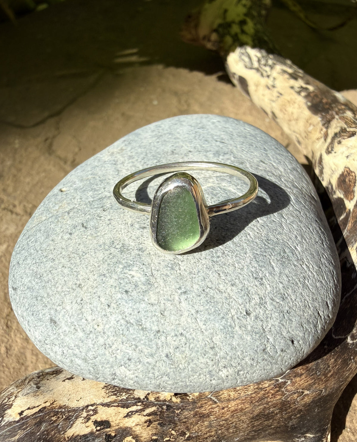 Sterling Silver Sea Glass Ring- Green Size T