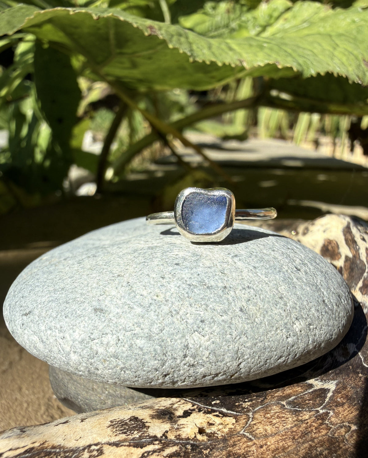Sterling Silver Sea Glass Ring - Blue Size M 1/2