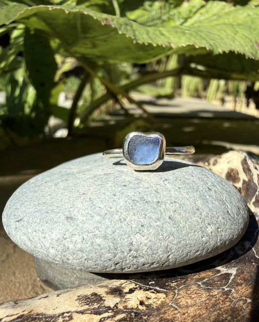 Sterling Silver Sea Glass Ring - Blue Size M 1/2