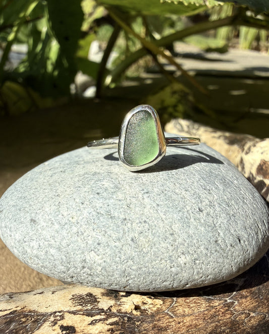 Sterling Silver Sea Glass Ring- Green Size T
