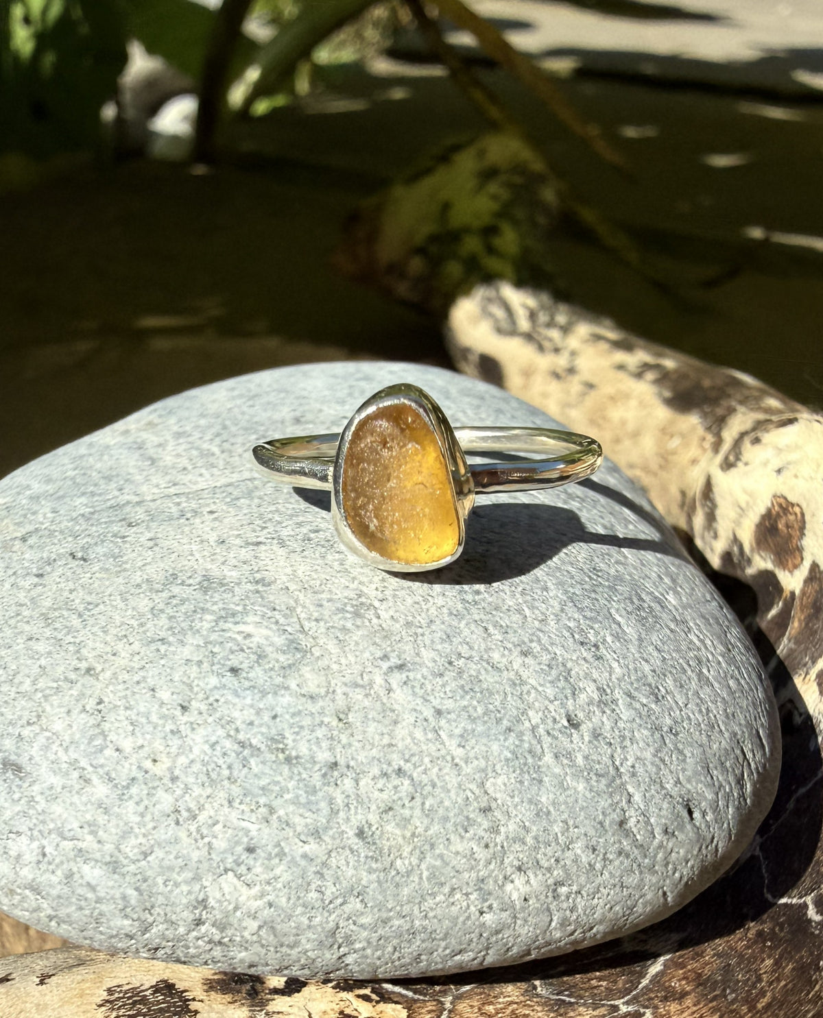 Sterling Silver Sea Glass Ring - Yellow Size N